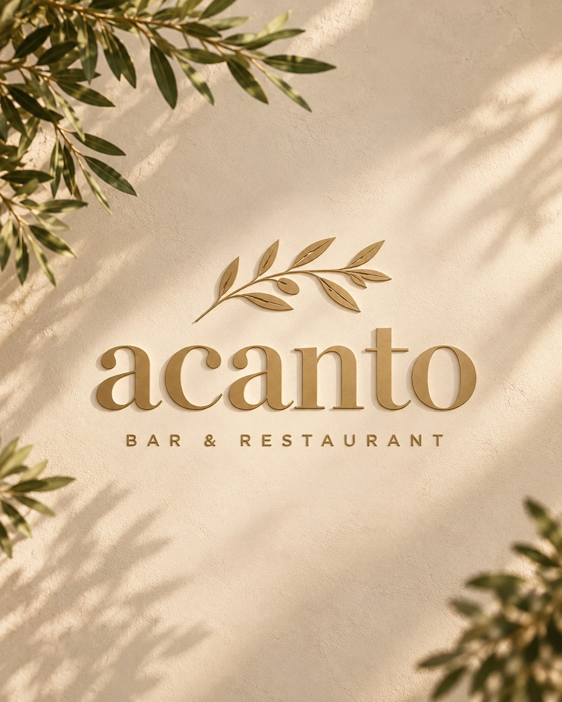 Acanto – goldener Schriftzug, Olivenzweige und warmes Sonnenlicht