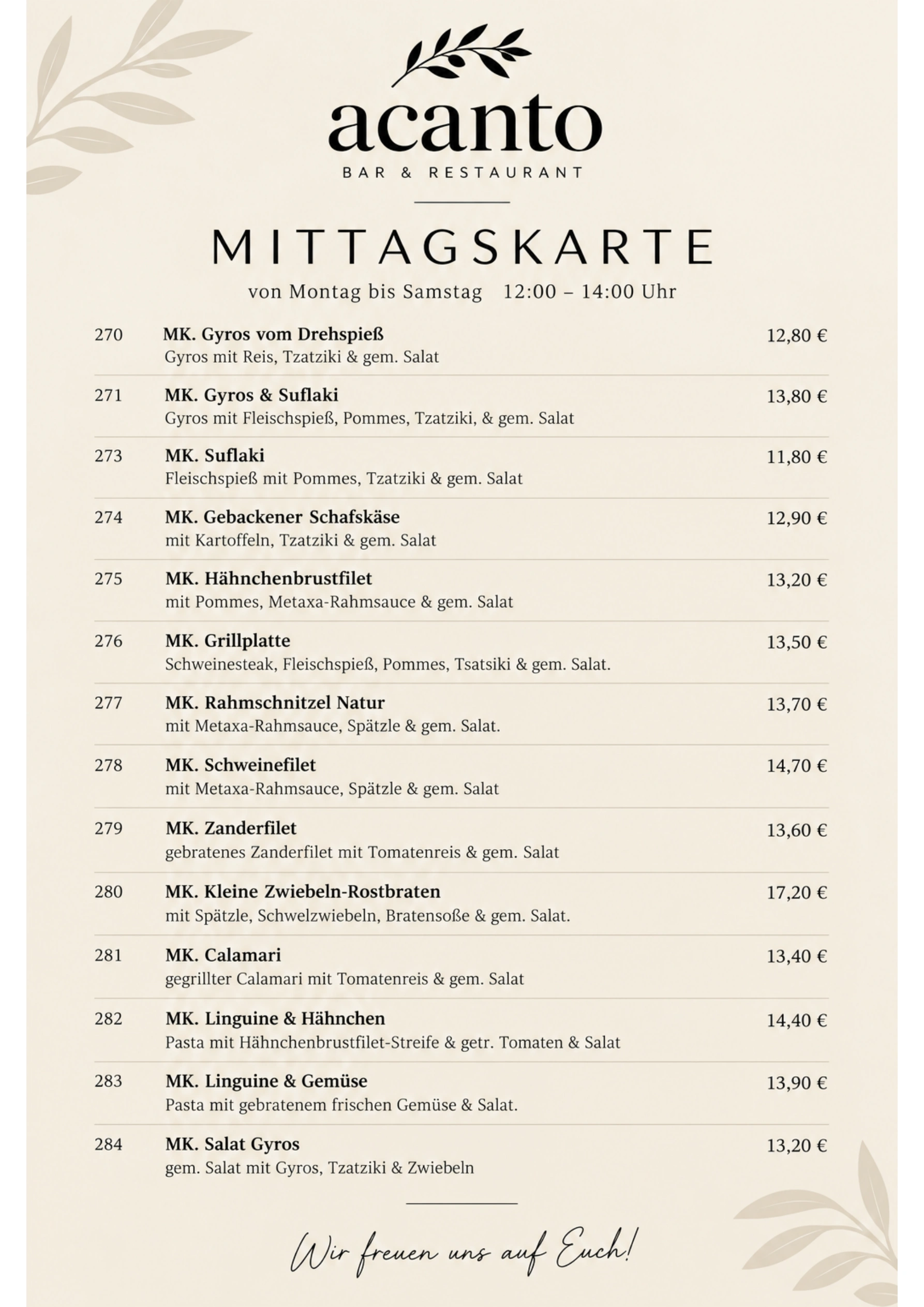 Offizielle Acanto-Mittagskarte mit Gerichten und Preisen