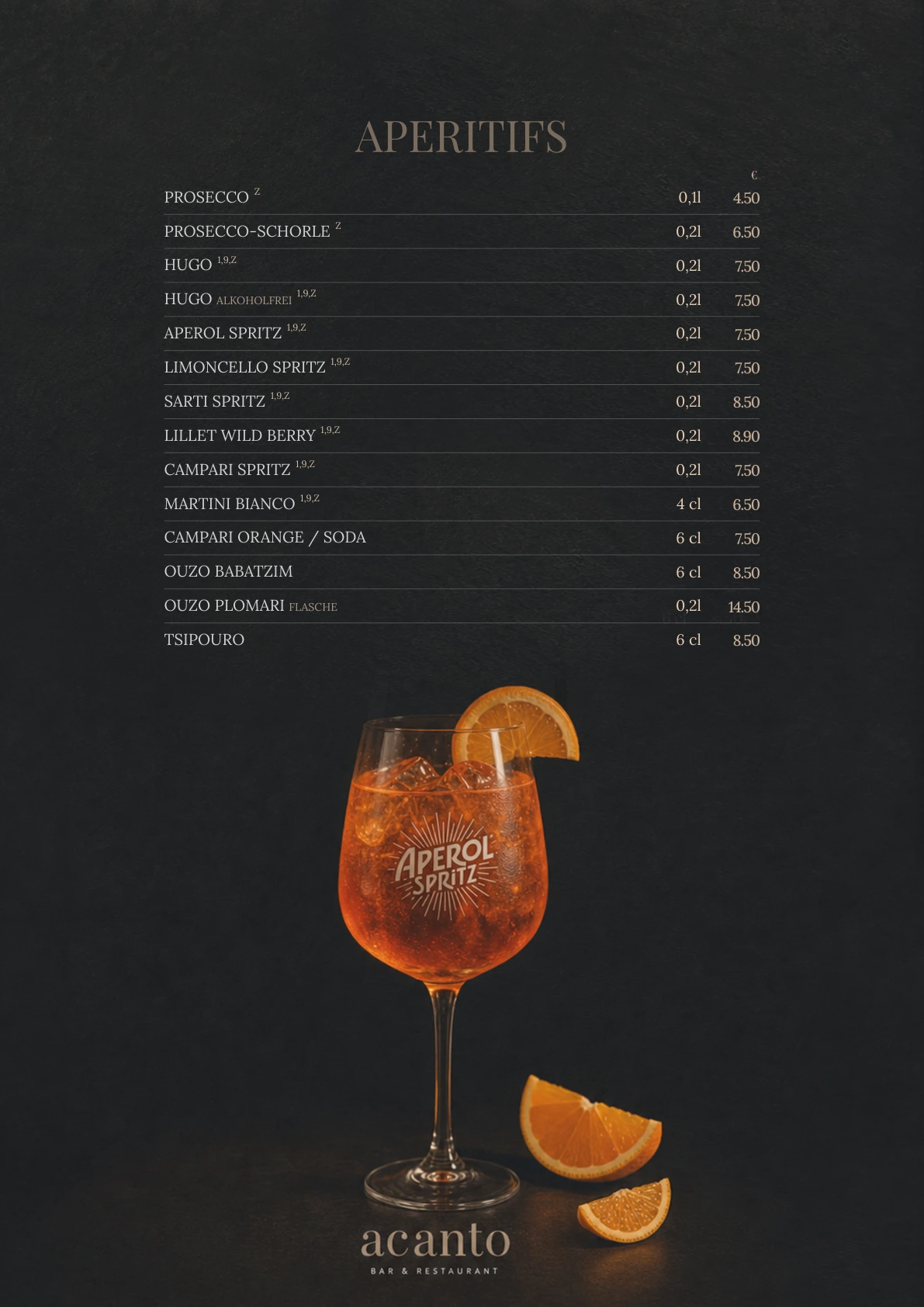 Aperitifs – Originalseite der Acanto-Speisekarte