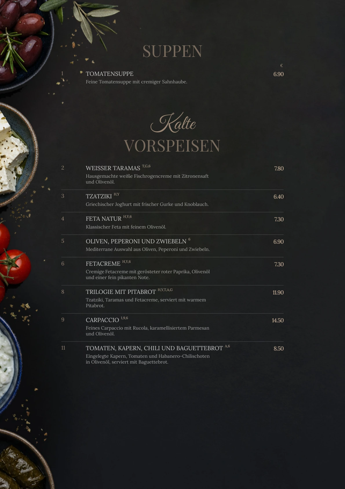 Suppen & kalte Vorspeisen – Originalseite der Acanto-Speisekarte
