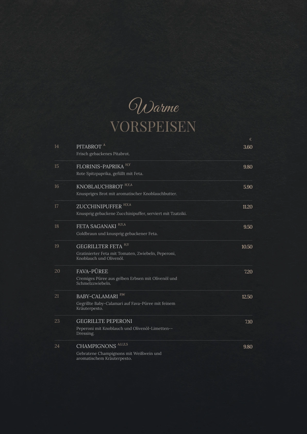 Warme Vorspeisen – Originalseite der Acanto-Speisekarte