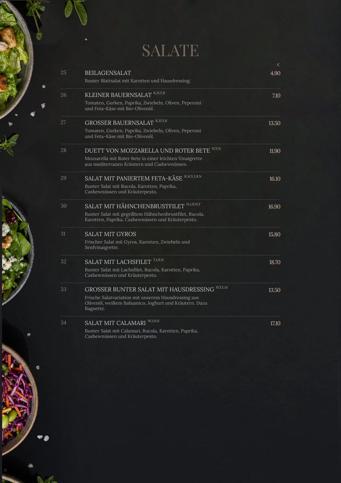 Salate – Originalseite der Acanto-Speisekarte