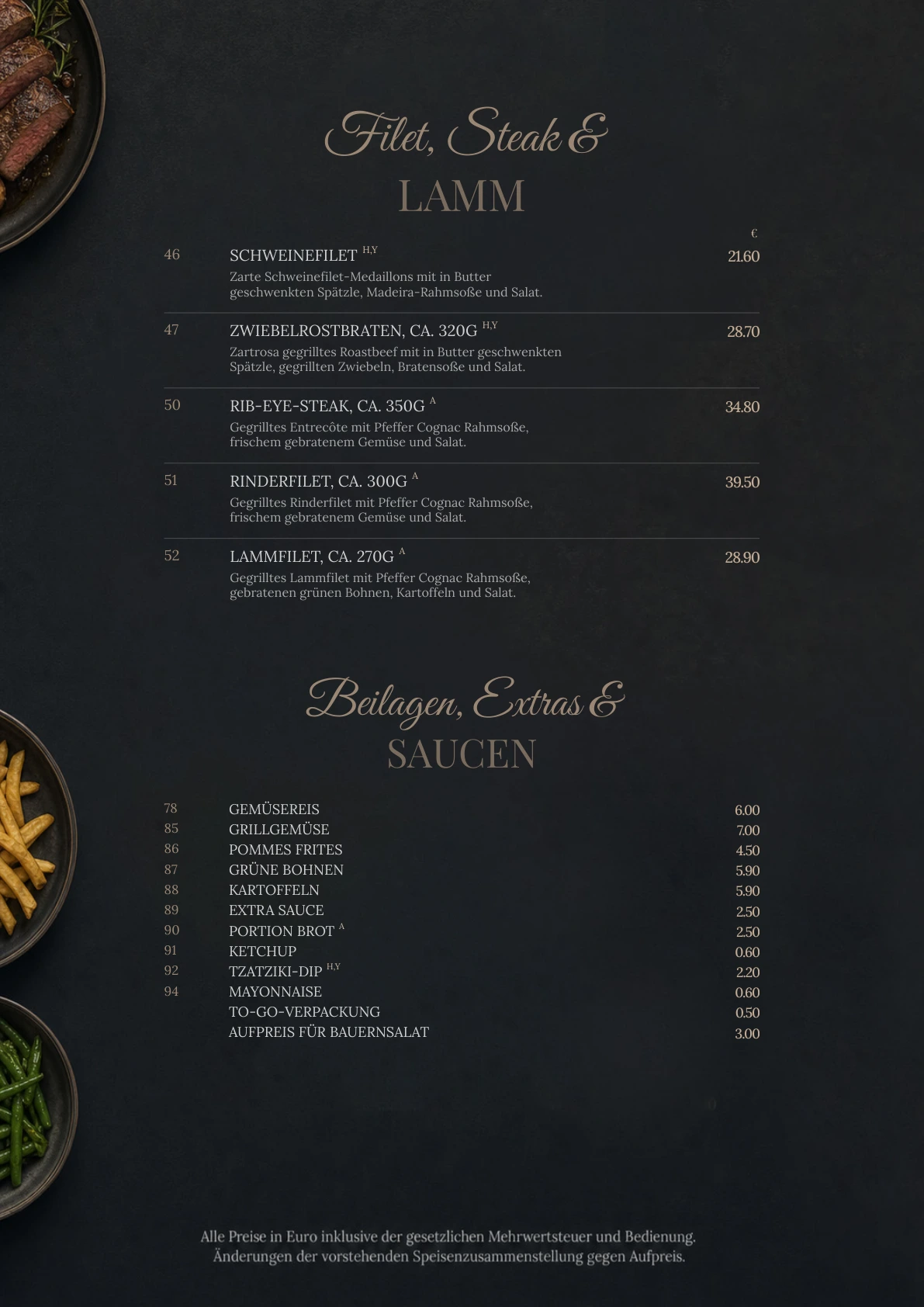 Filet, Steak & Lamm · Beilagen – Originalseite der Acanto-Speisekarte