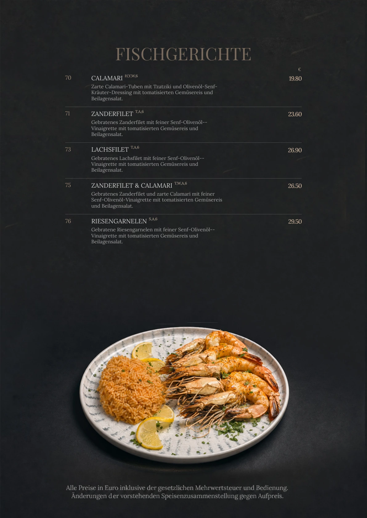 Fischgerichte – Originalseite der Acanto-Speisekarte