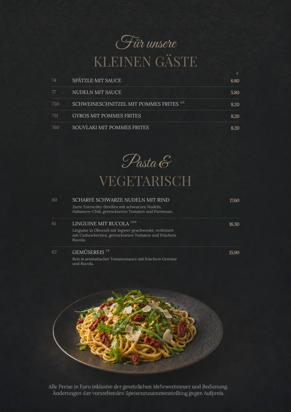 Kinder · Pasta & vegetarisch – Originalseite der Acanto-Speisekarte