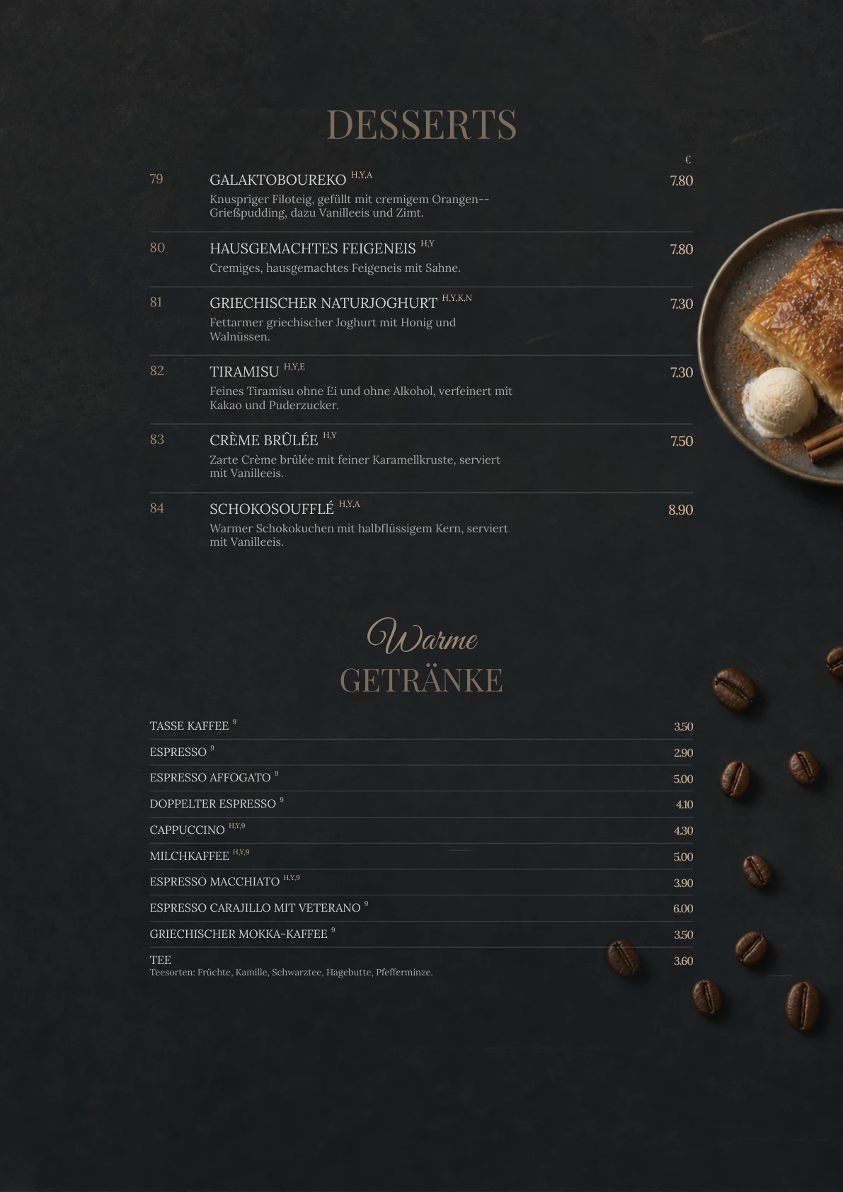 Desserts & warme Getränke – Originalseite der Acanto-Speisekarte
