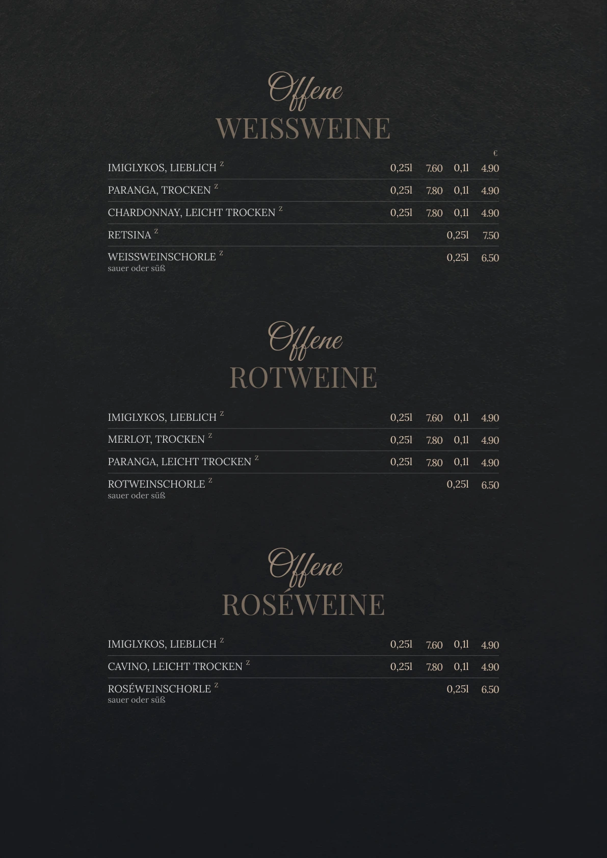 Offene Weine – Originalseite der Acanto-Speisekarte
