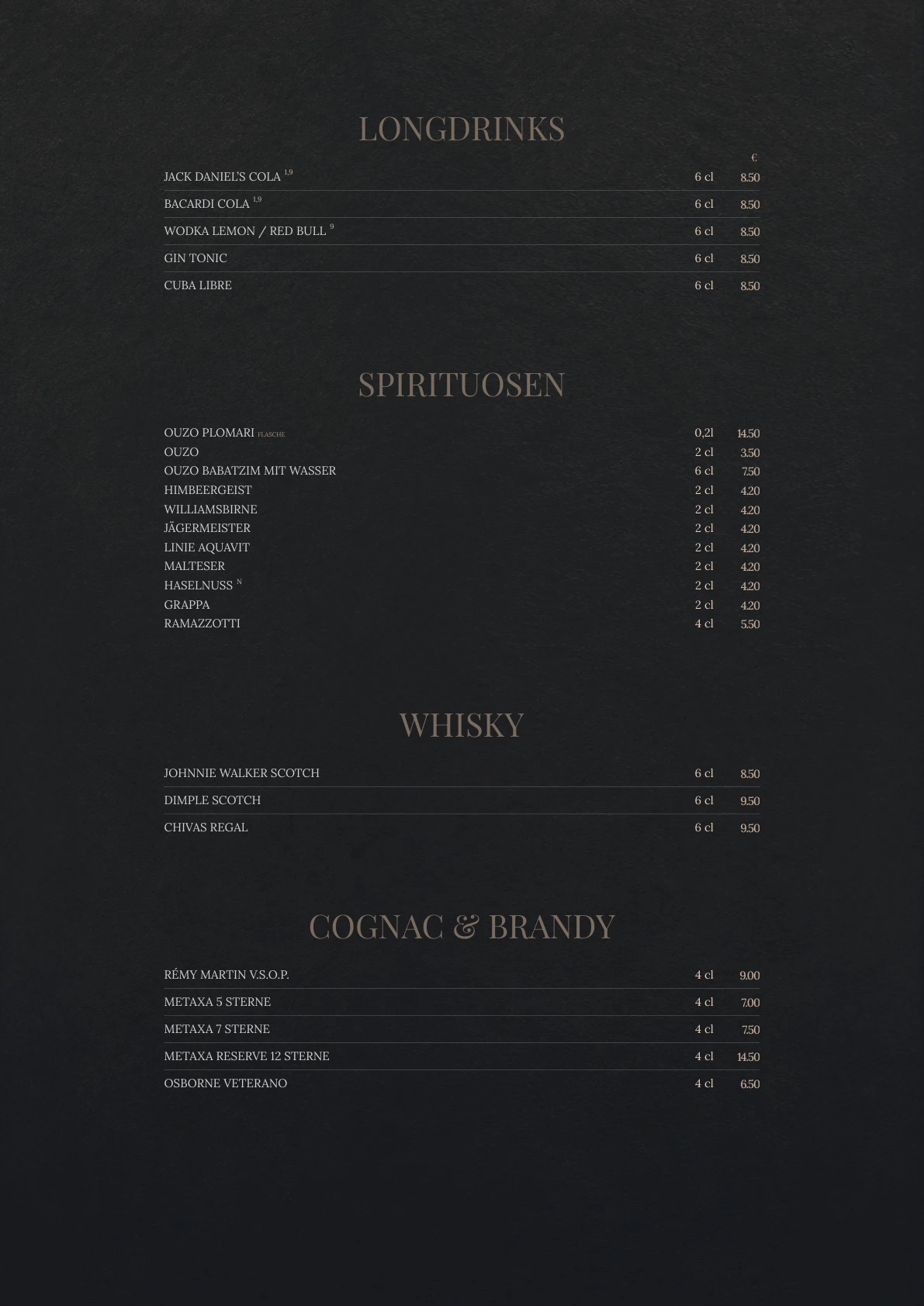 Longdrinks & Spirituosen – Originalseite der Acanto-Speisekarte