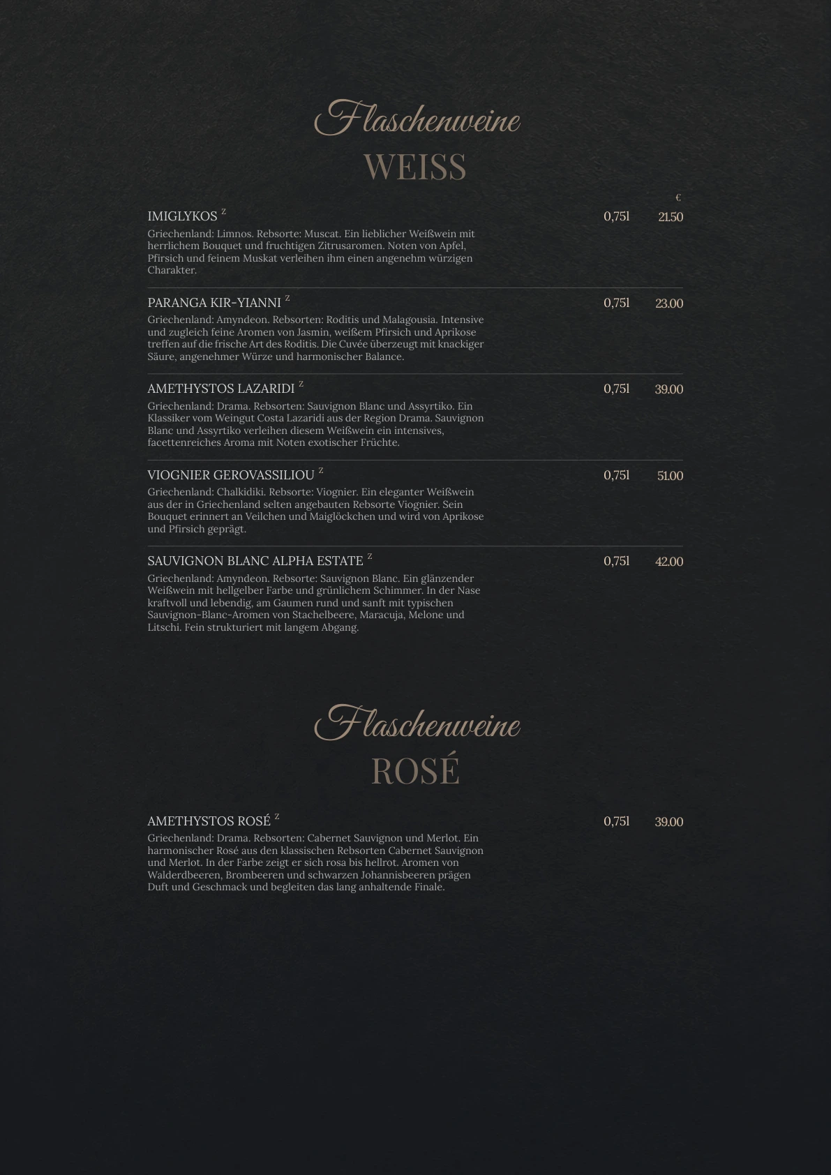 Flaschenweine · Weiß & Rosé – Originalseite der Acanto-Speisekarte