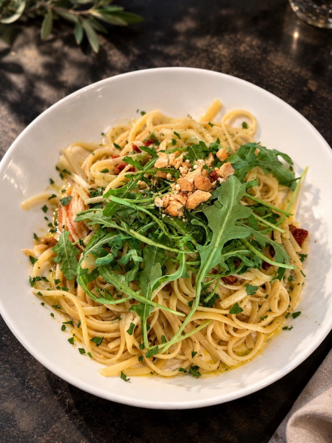 Pasta mit Rucola, serviert im Acanto