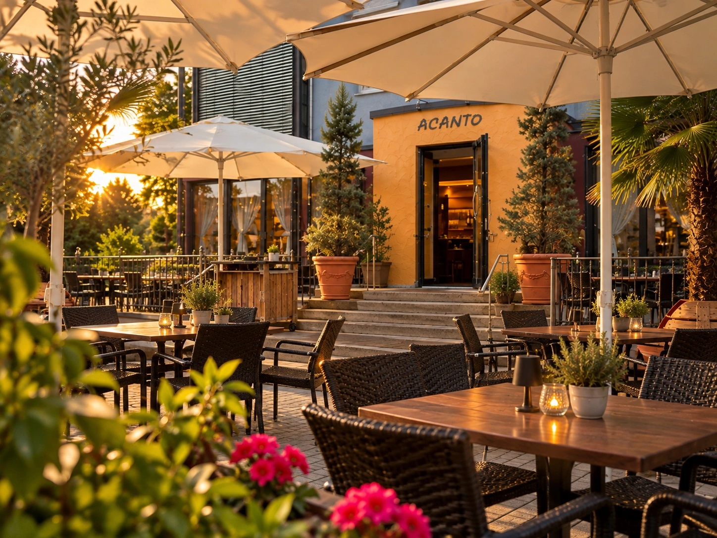 Die Acanto-Terrasse mit gedeckten Tischen im warmen Abendlicht